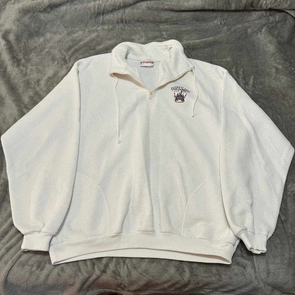 Disneyland 1/4 Zip Pullover White Vintage Embroidered Castle Fleece USA Made